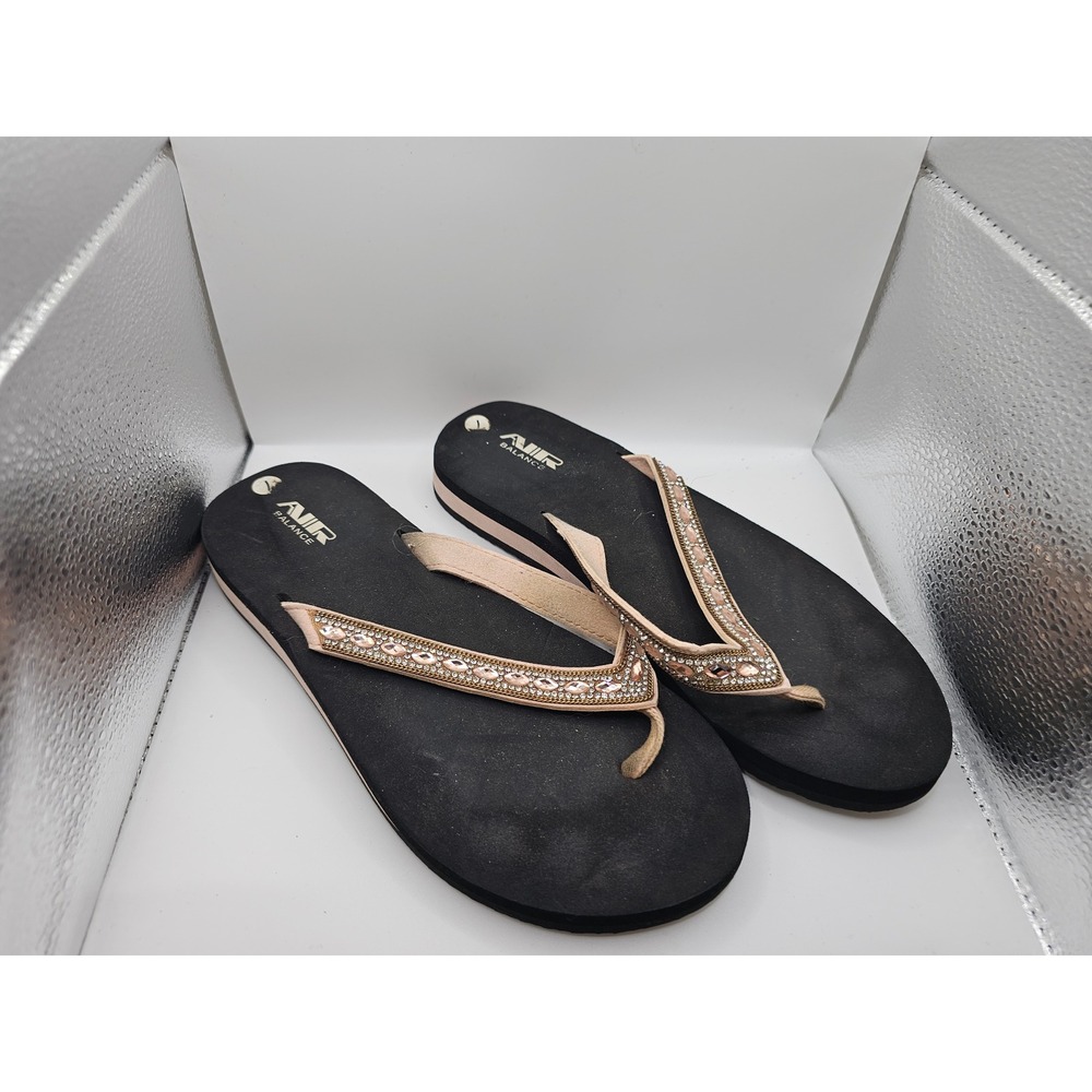 Air Balance Womens Rhinestone Embellished Flip Flop Sandals Black Tan Size 6